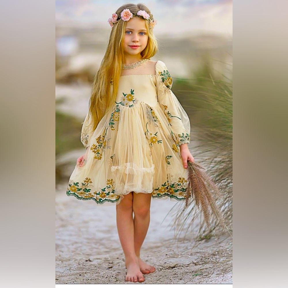 Mia Belle Girls Cream Embroidered Floral Dress